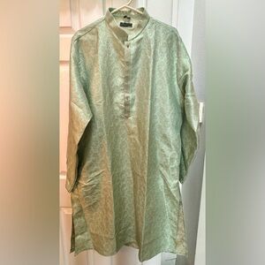 Men's Indian Embroidered Banded Collar& Placket Long Kurta Tunic with pants